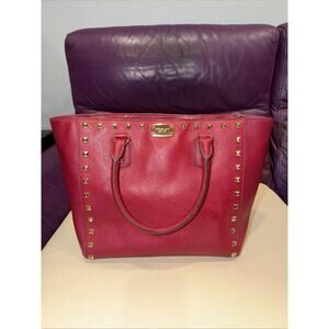 Michael Kors Sandrine Stud Saffiano Leather Studded Large Tote in Red With Gold